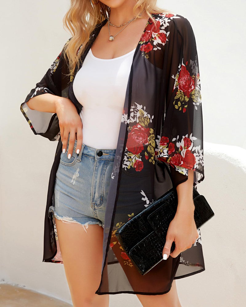 CHICGAL Women's Floral Print Puff Sleeve Kimono Cardigan Loose Cover Up Casual Blouse Tops (Black,2XL) - Image 2